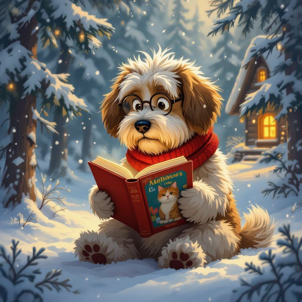Shaggy Dog in Snowy Forest Reads Cat Book