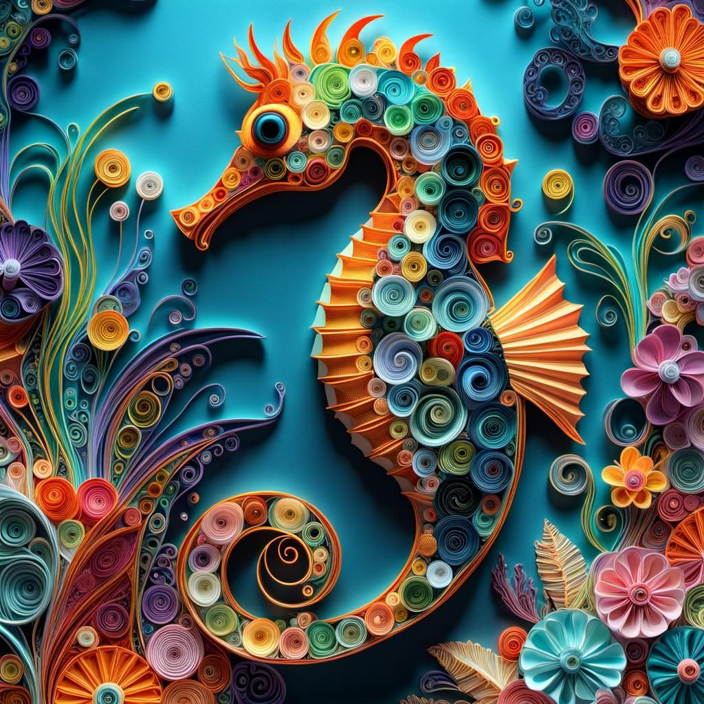 Seahorse in Colorful 3D Cyberpunk Underwater Scene