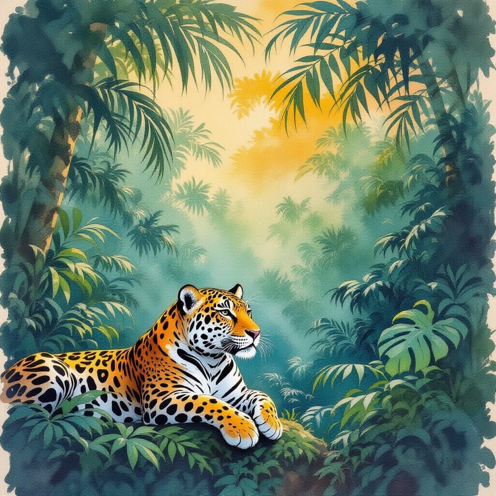 Jaguar in Jungle Paradise, Ink and Wash Painting