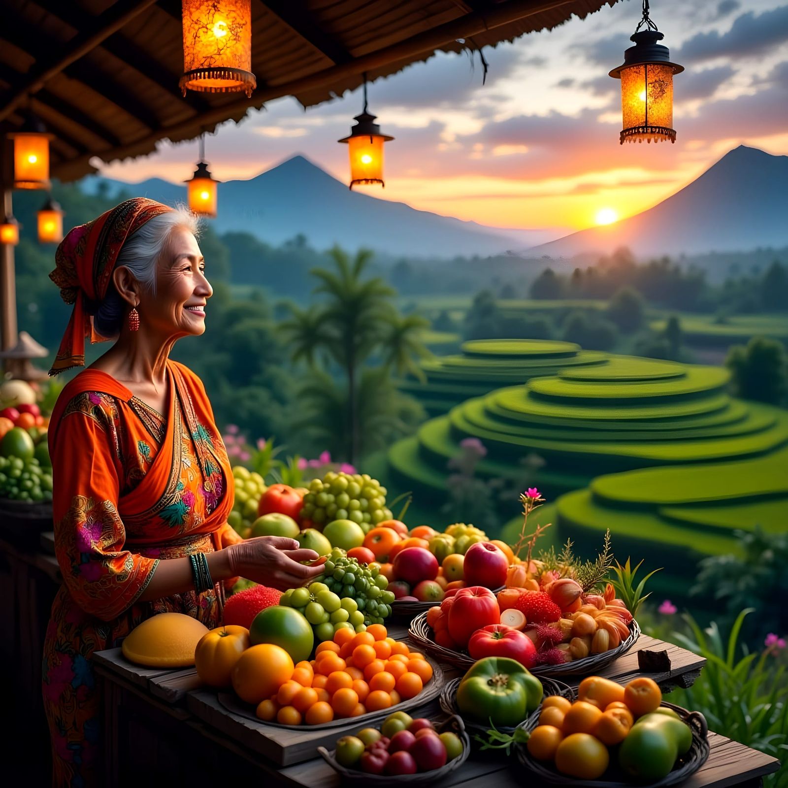 Balinese Elderly Woman at Fruit Stall Under Twilight Rice Pa...