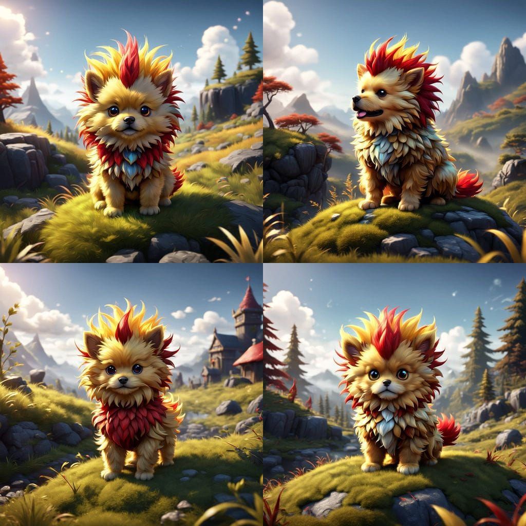 Golden Goldendoodle with Red Mohawk in Fantastical Landscape