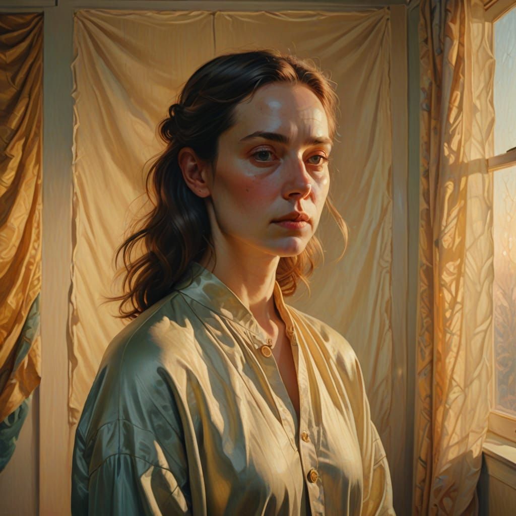 Ethereal Woman in Quiet Room: Surreal Oil Painting