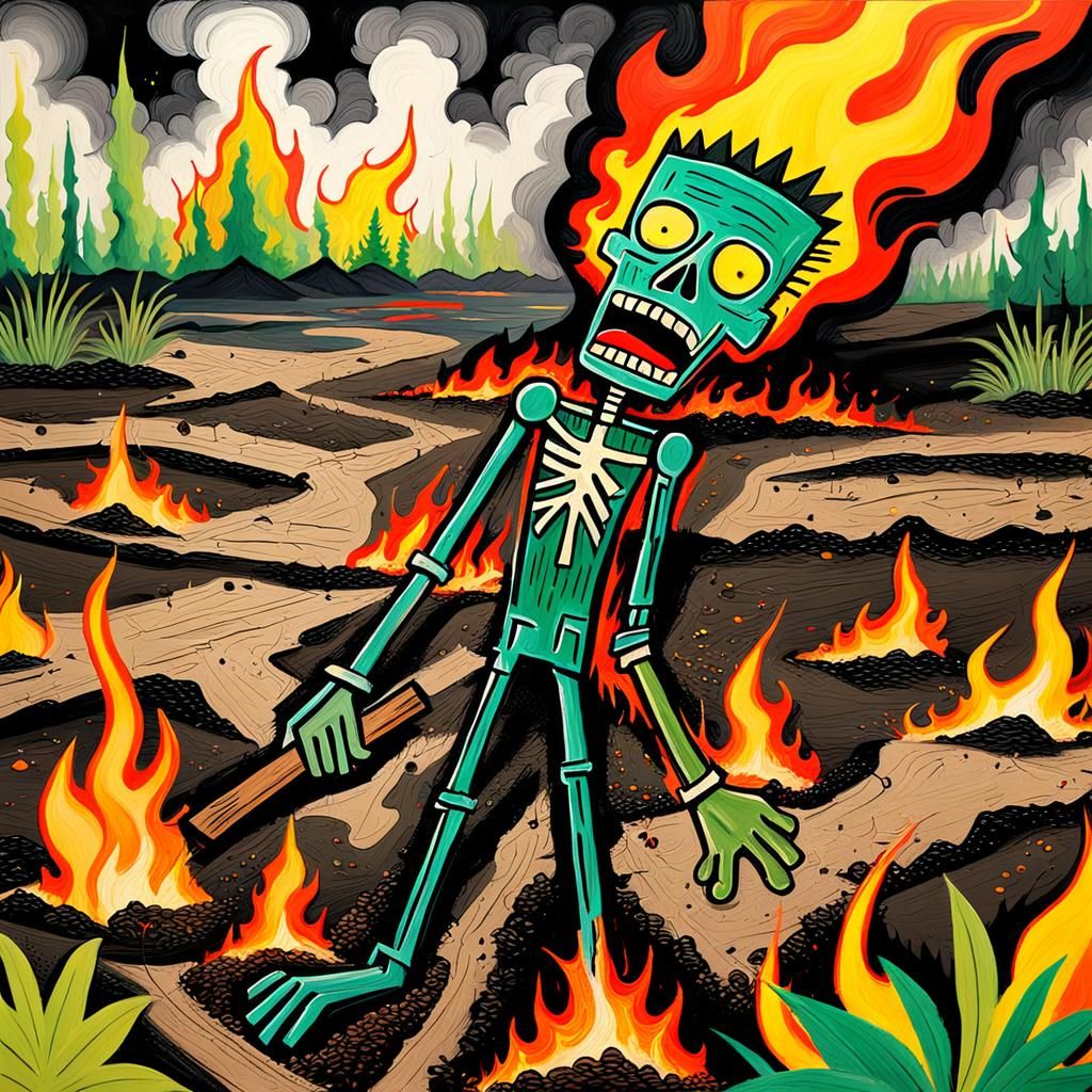 Basquiat-Inspired Stick Figure in Flames