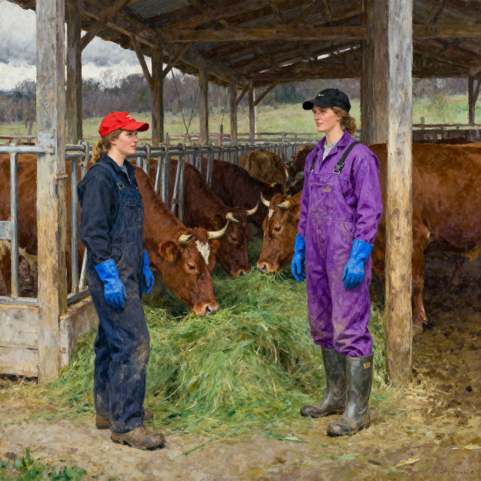 Farm Workers with Cows in Rustic Barn, Impressionist Style