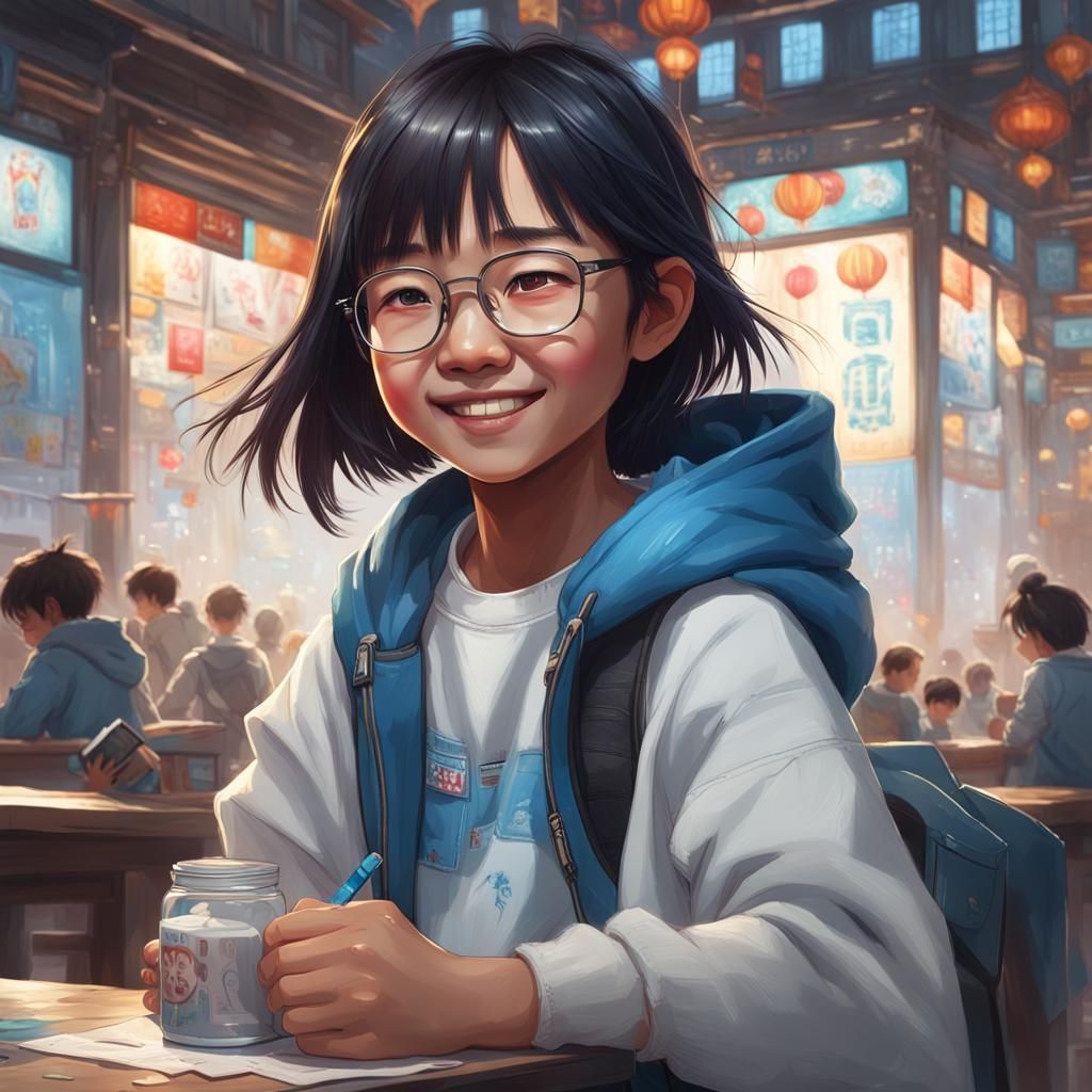 Smiling Chinese Girl Portrait in Digital Art Style
