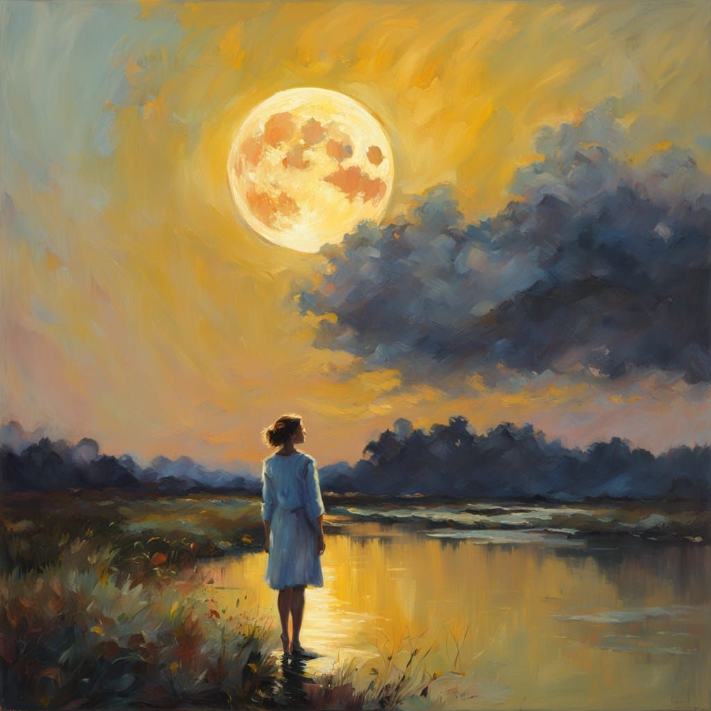 Woman Under Full Moon in Impressionist Style