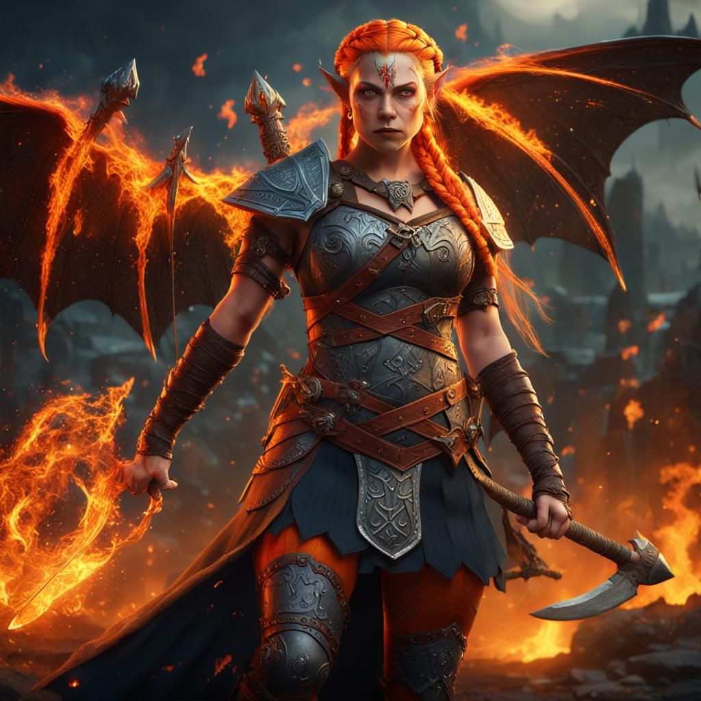 Viking Elf Shieldmaiden with Flaming Axe, Fantasy Art