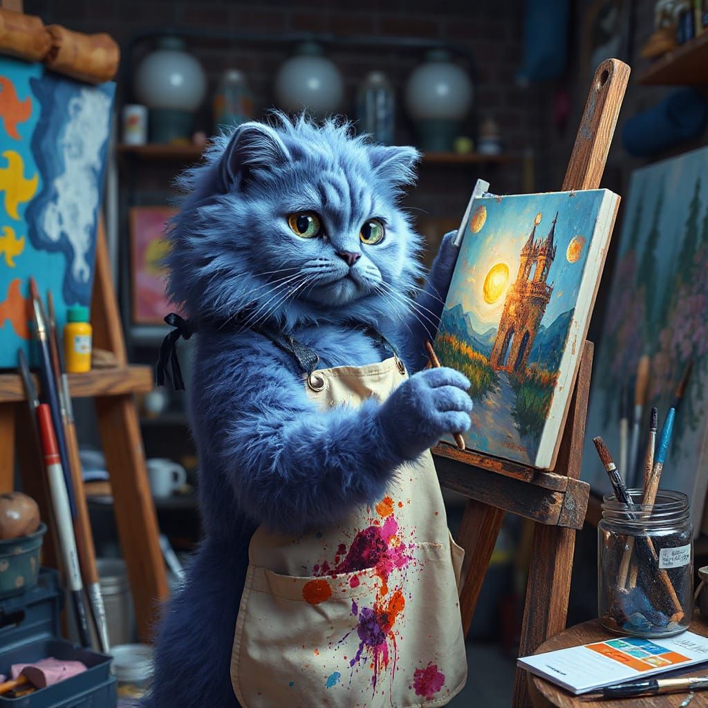Anthropomorphic Cat Artist Painting in Workshop
