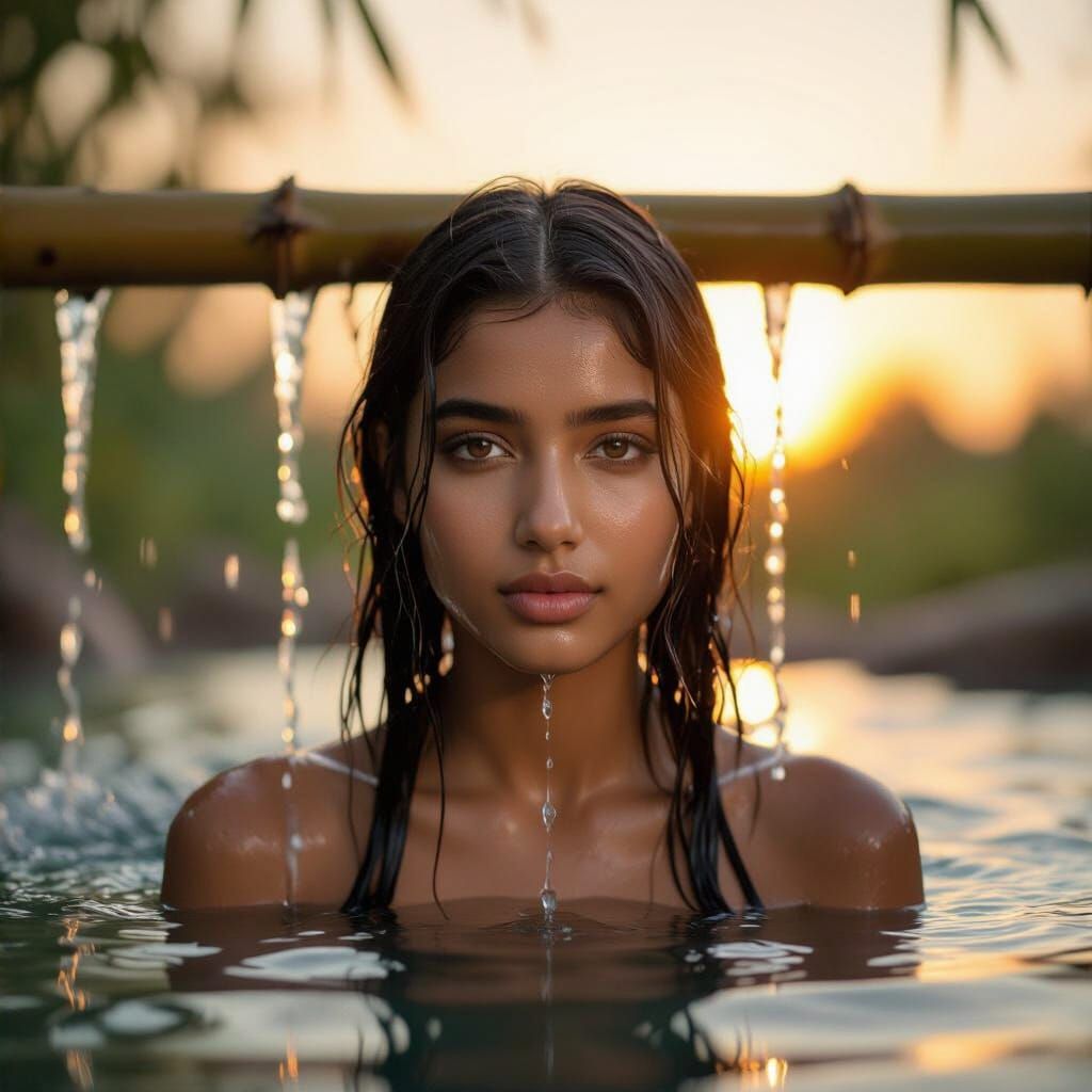 Stunning Indian Woman Bathed in Waterfall Light