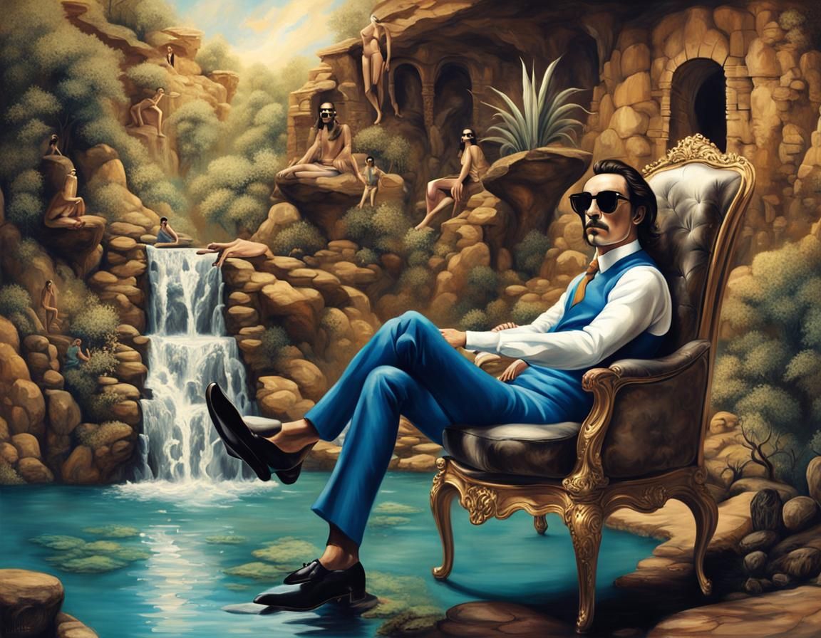 Surreal Man on Throne with Waterfall