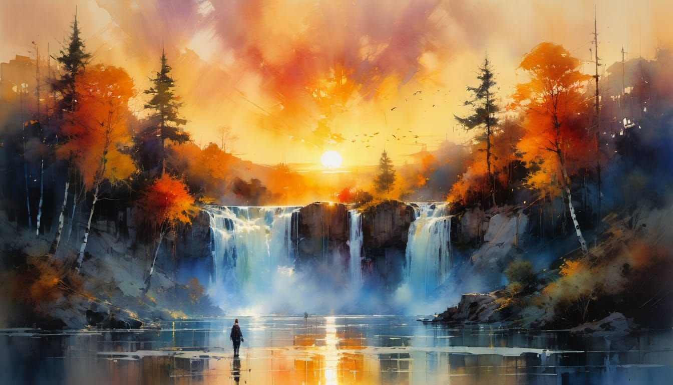 Dramatic Sunset Waterfall in Detailed Watercolor