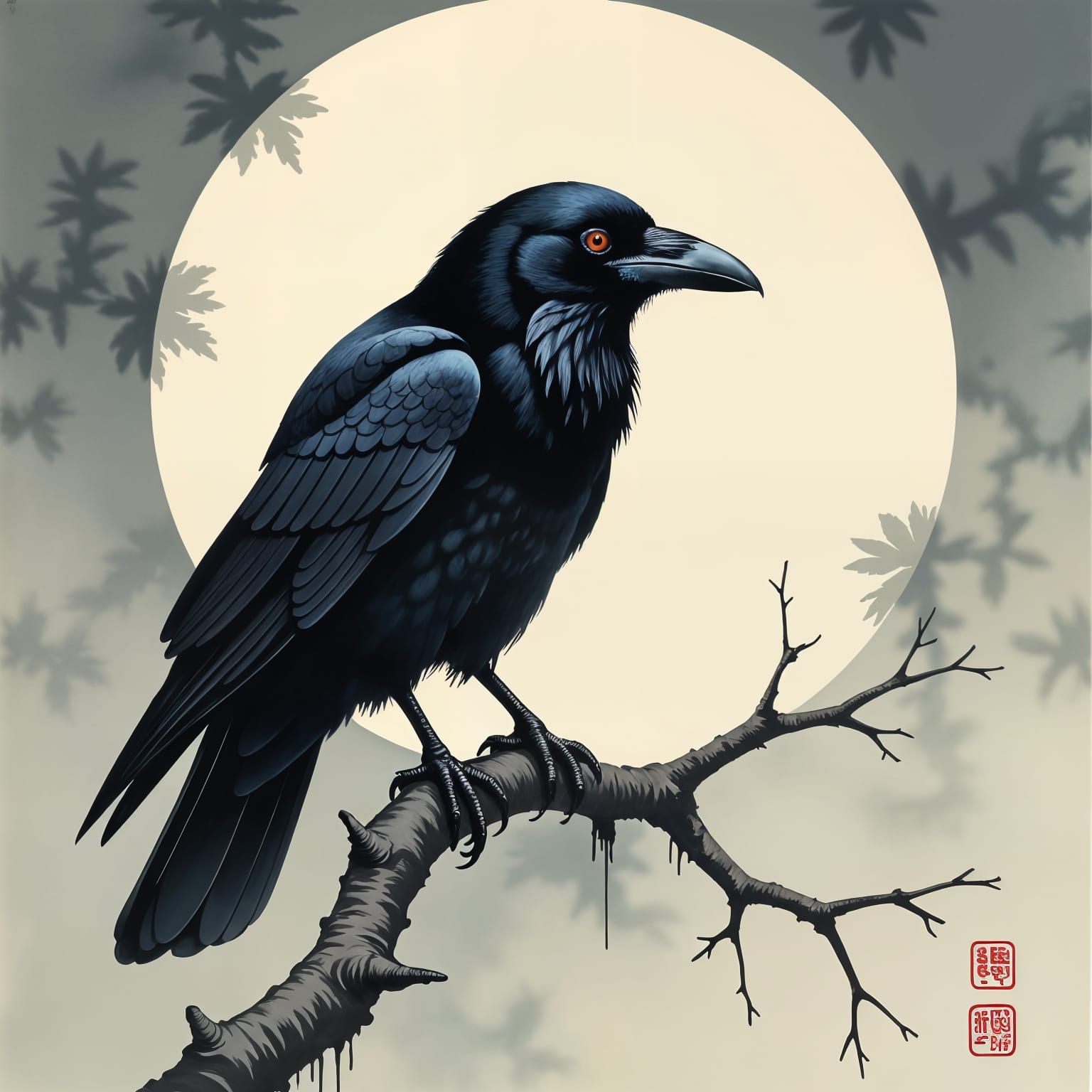 Raven Perched on Twig Ink Painting in Luis Royo Style
