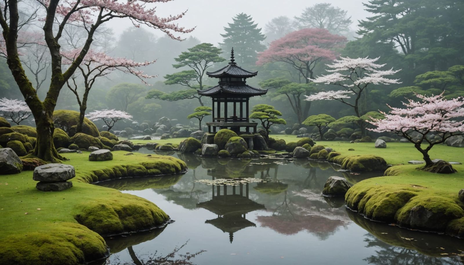 Serene Japanese Garden at Dawn with Stone Lantern and Blosso...