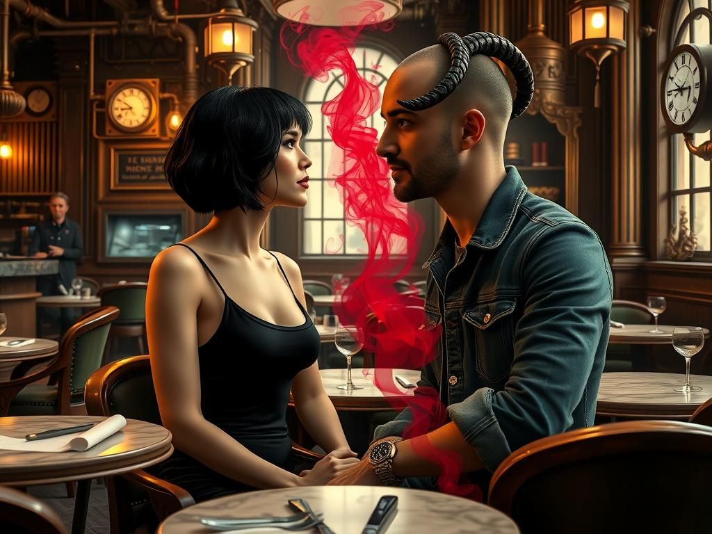 Steampunk Cafe Couple with Smoky Creature