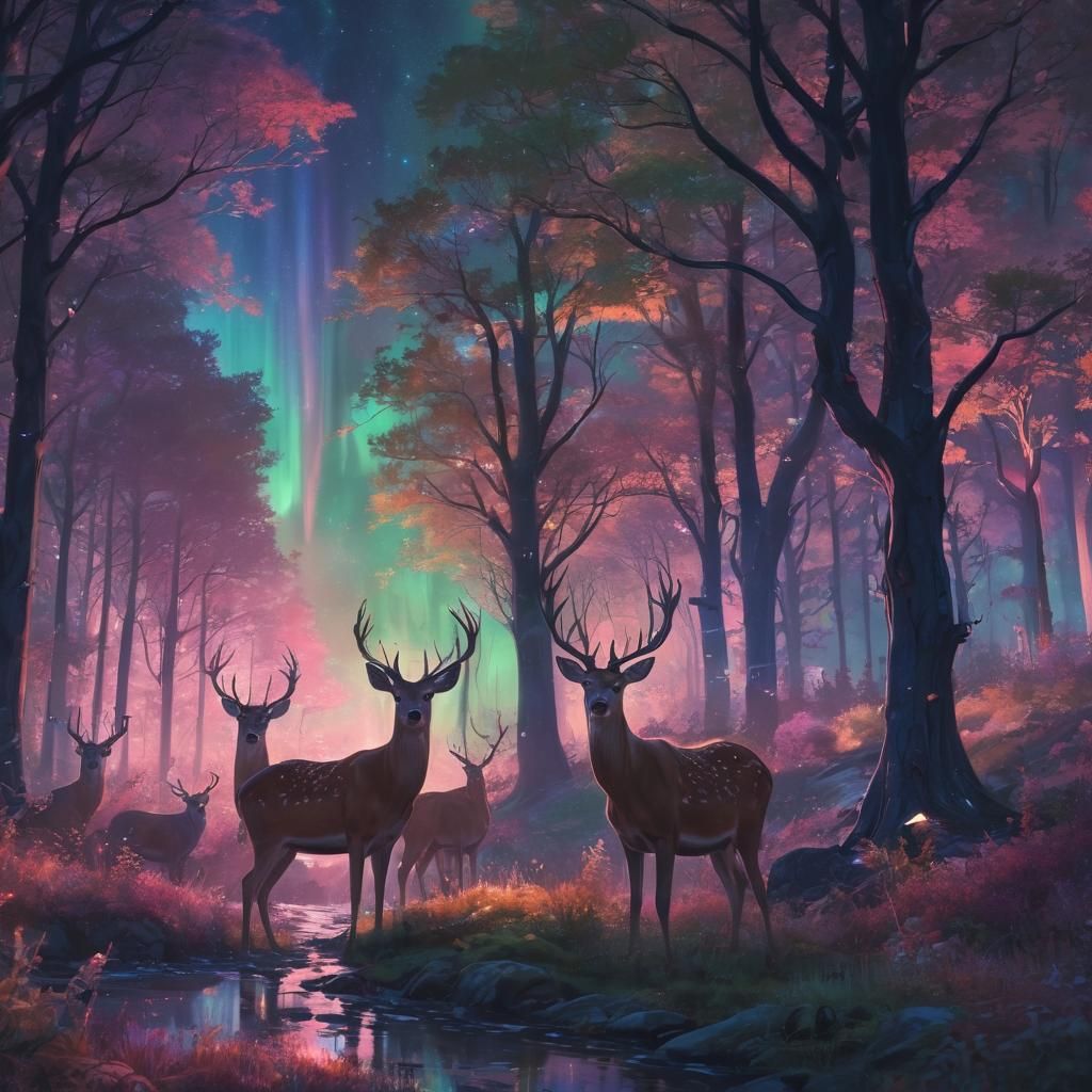 Mystical Anime Forest with Deer Herd and Aurora