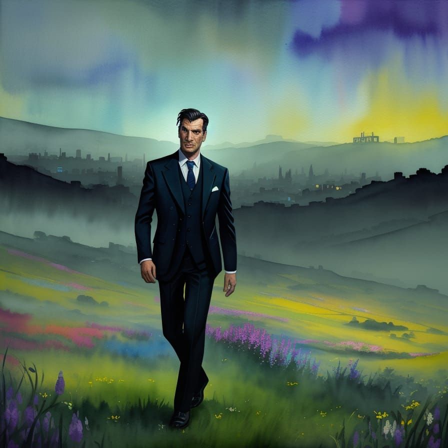 Film Noir Detective in Peak District: Watercolor Art