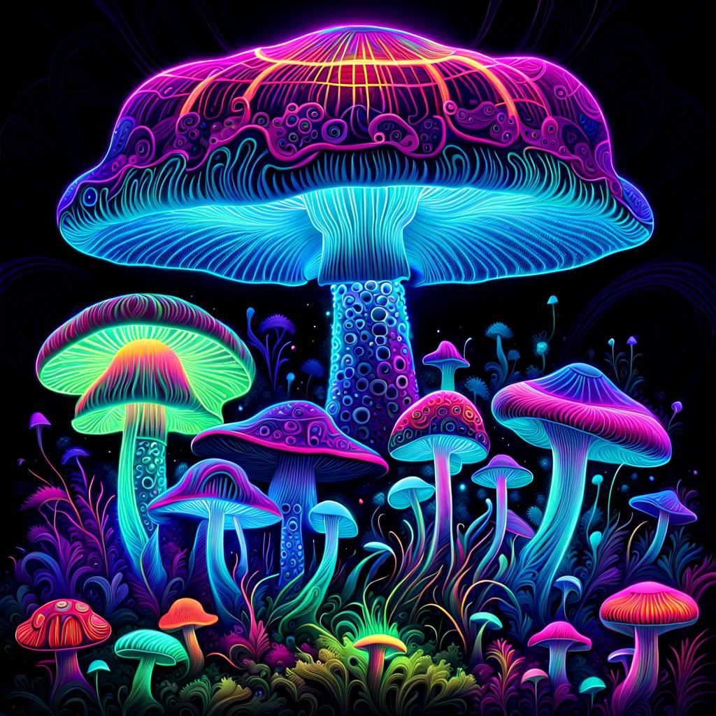 Glowing Psychedelic Mushroom in Neon Cyberpunk Style