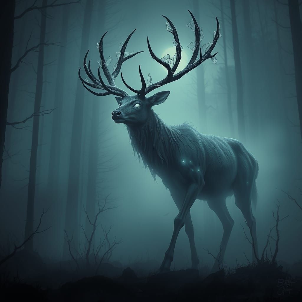 Ghostly Deer Steps Silently Through Eerie Fog in a Haunting,...