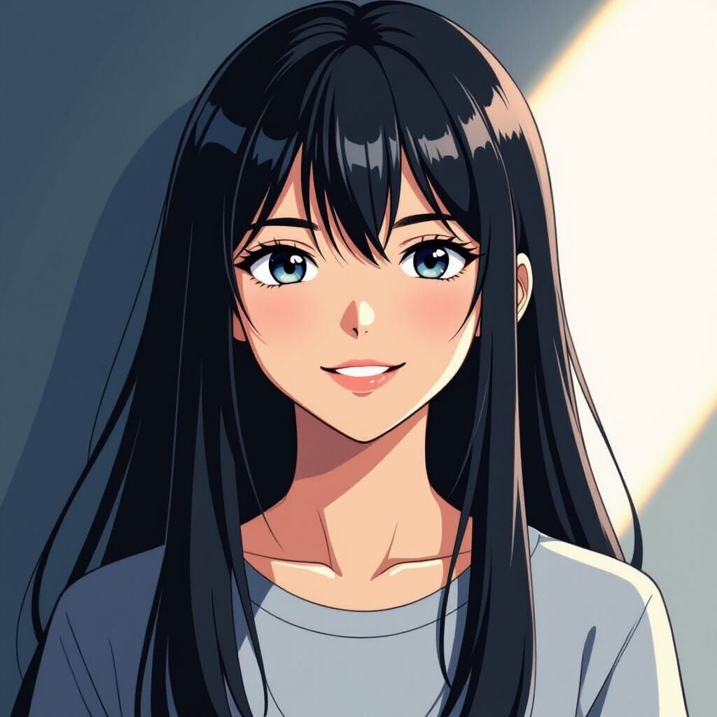 Anime Girl with Sleek Black Hair and Mischievous Smile