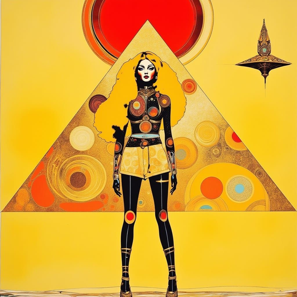 Psychedelic Pyramid and Woman in Golden Ether