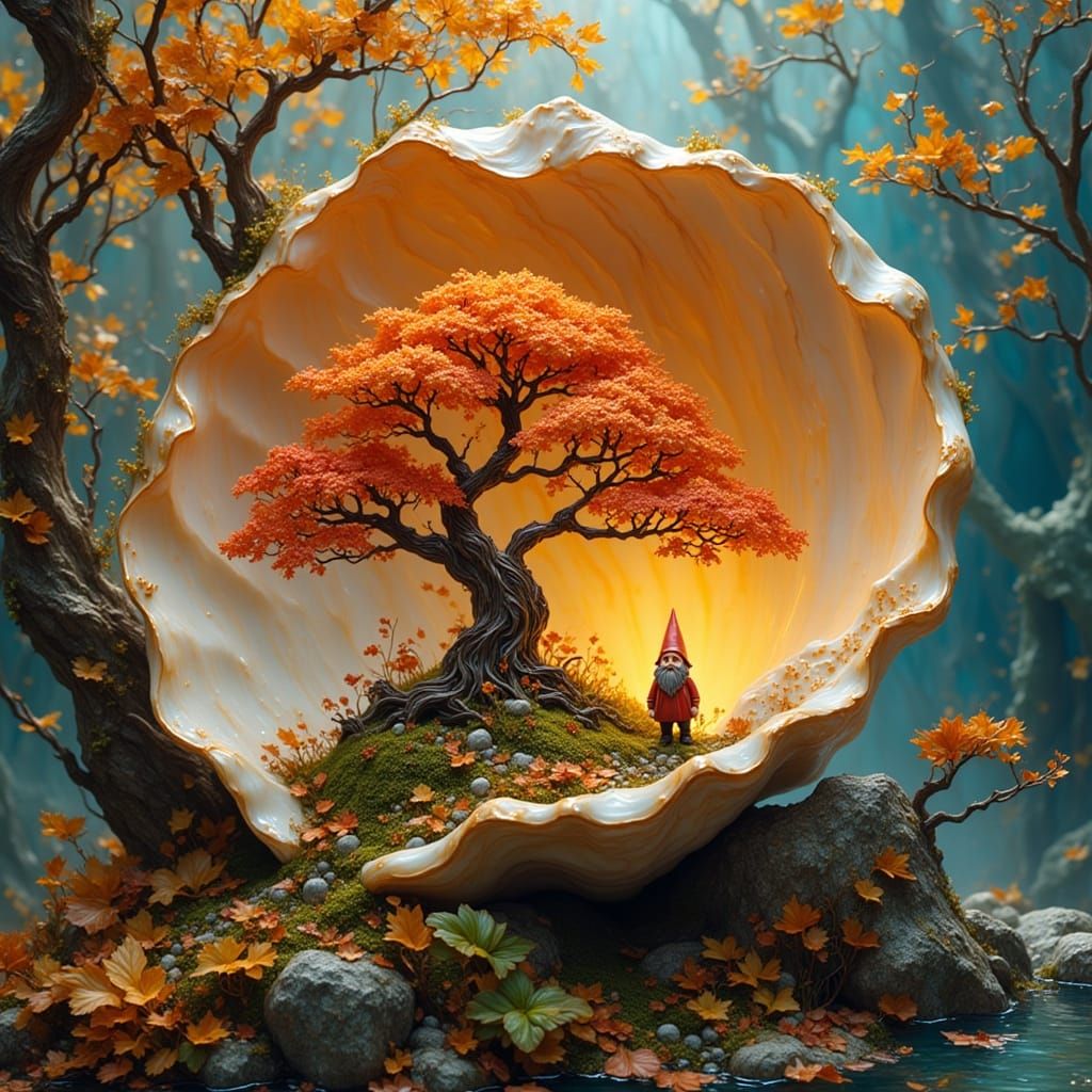Surreal Pocket Dimension Inside a Conch Shell with Gnome