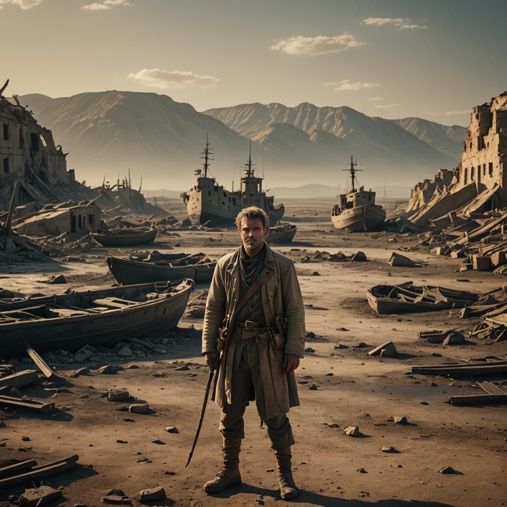 Boote Arturus in War-Torn Landscape: Cinematic Film Still