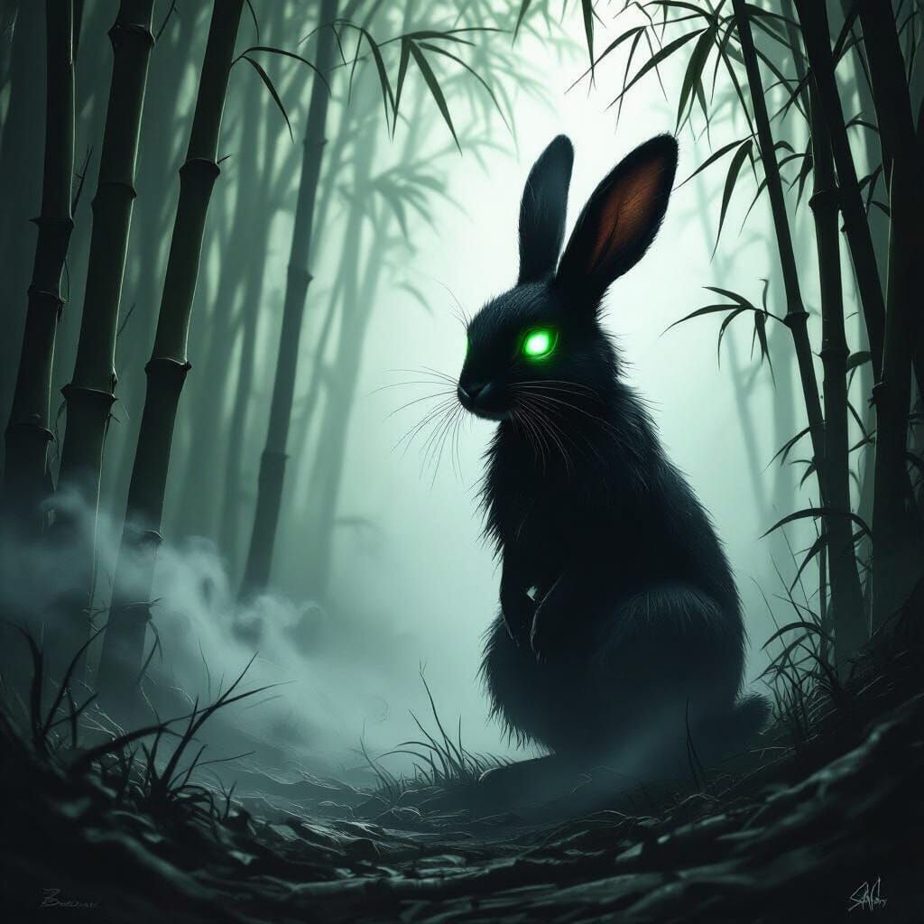 Shadowy Rabbit in Eerie Bamboo Forest