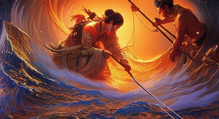 Fisherman and Jinni Under Starlit Sea