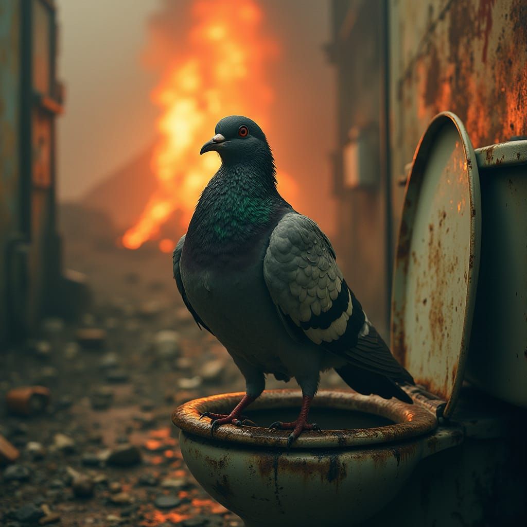 Pigeon in Frantic Flight from Volcanic Eruption, Brainrot St...