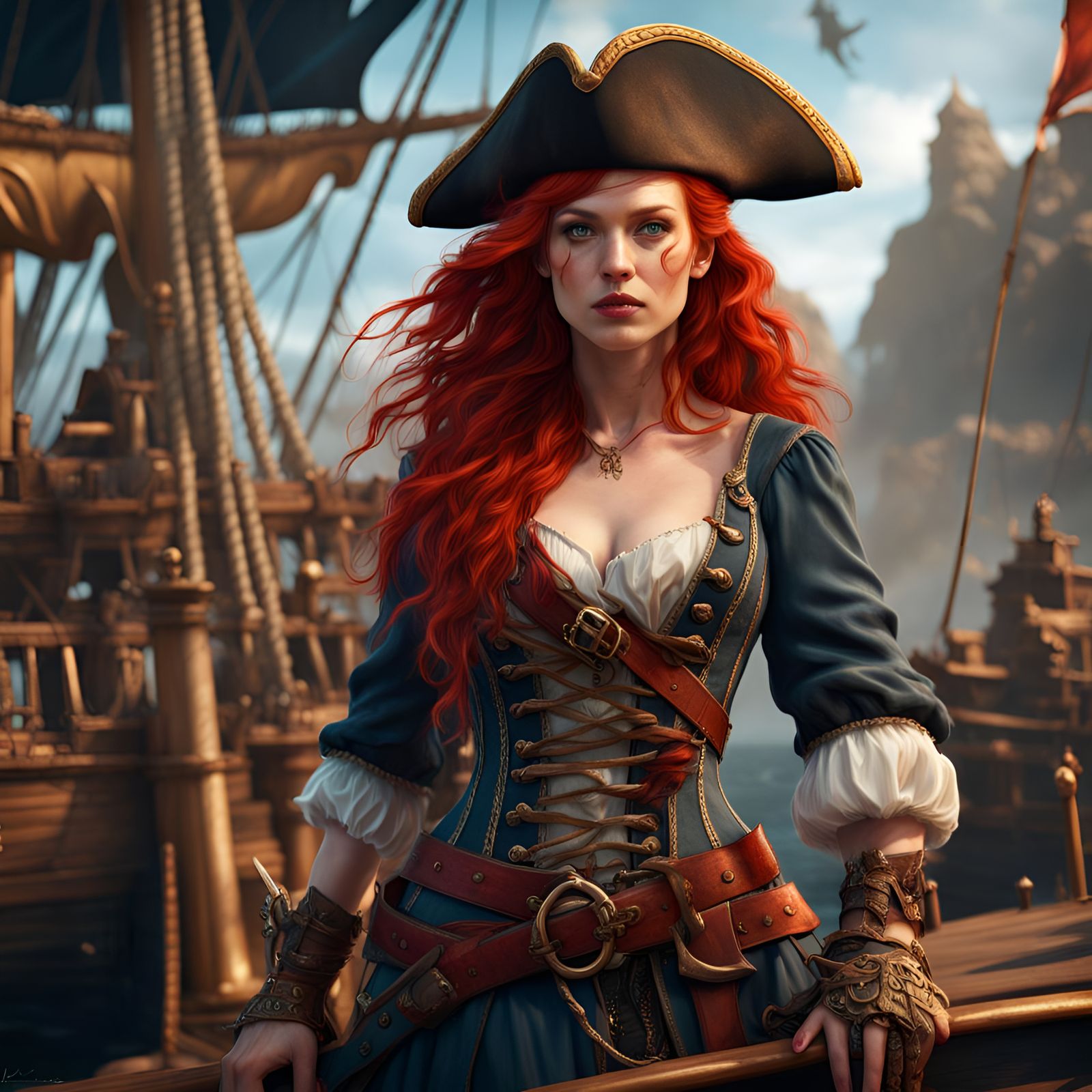 Fiery Pirate Queen in Detailed Fantasy Art