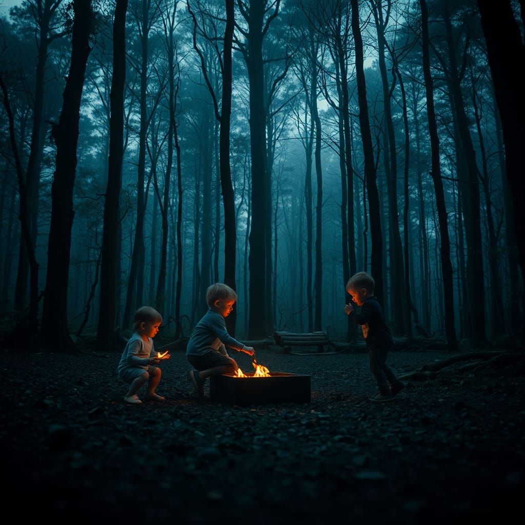 Atmospheric Forest Scene with Children at Play