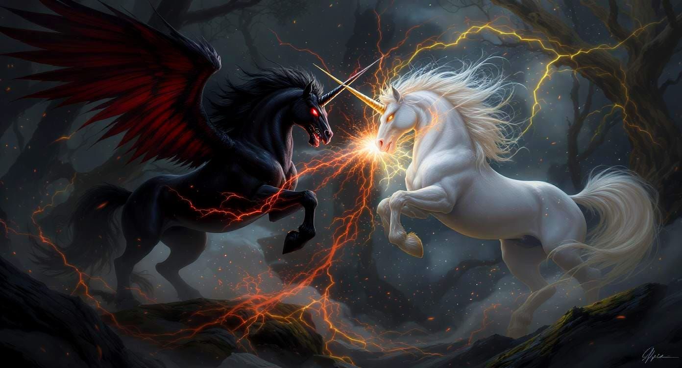 Epic Unicorn Battle in Dark Fantasy Art