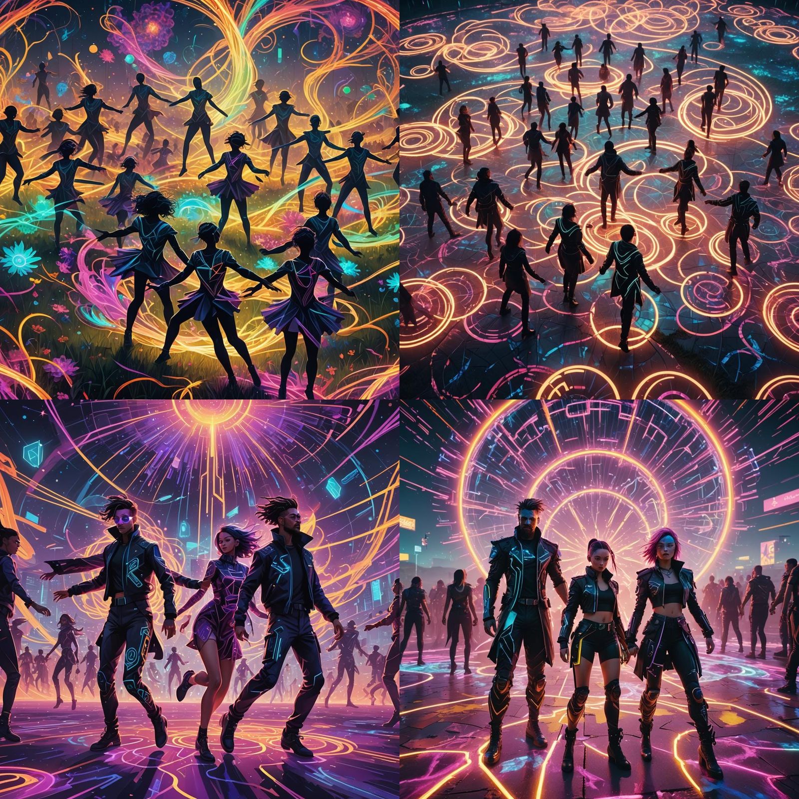 Psytrance Dancers in a Neon Cyberpunk Festival