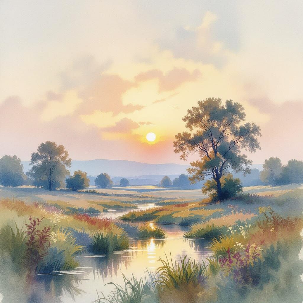 Dreamlike Watercolor Landscape with Ethereal Light