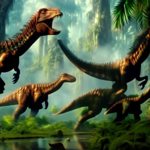 Raptor Dinosaurs Hunting in Prehistoric Jungle Painting