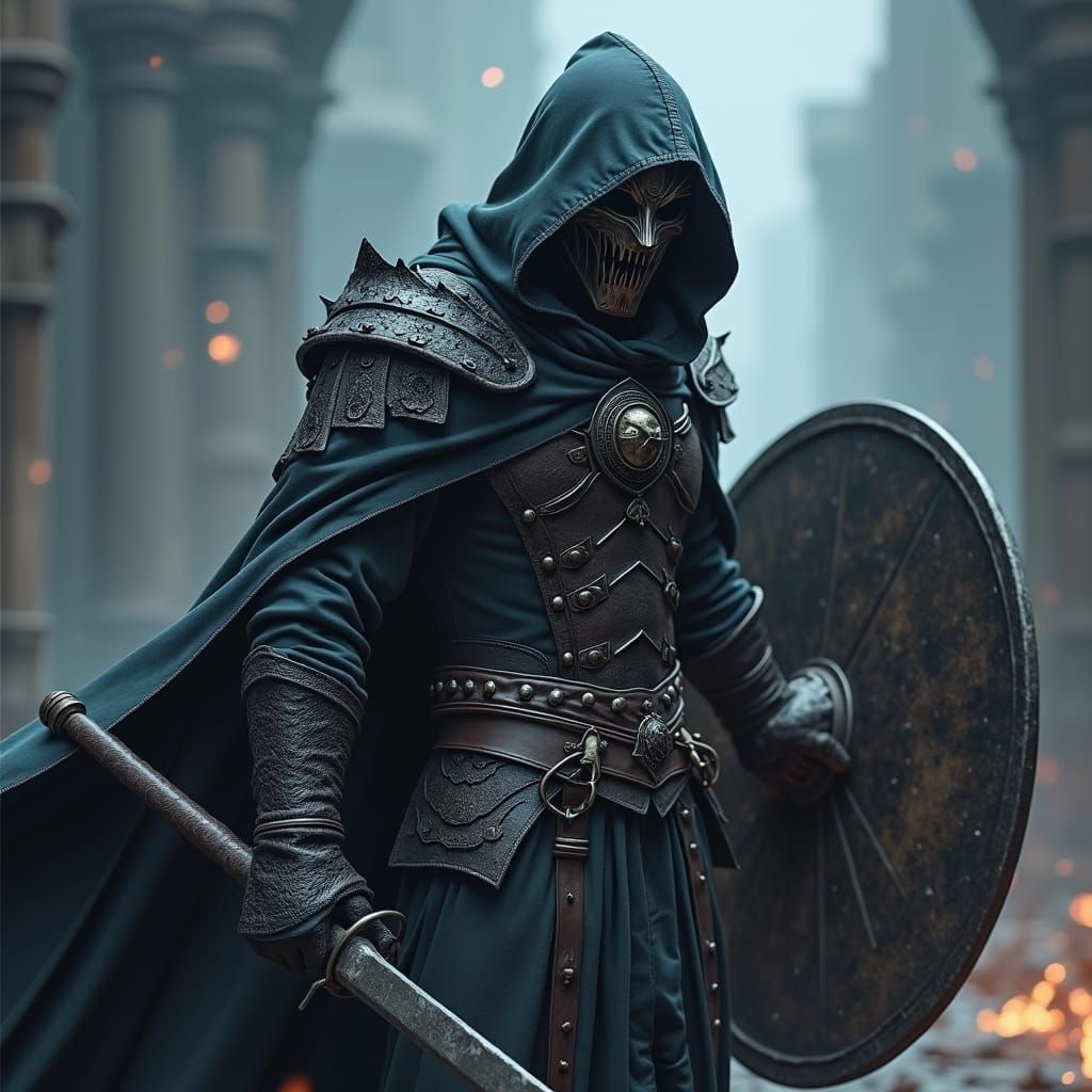 Hooded Rogue About to be Struck by Barbarian