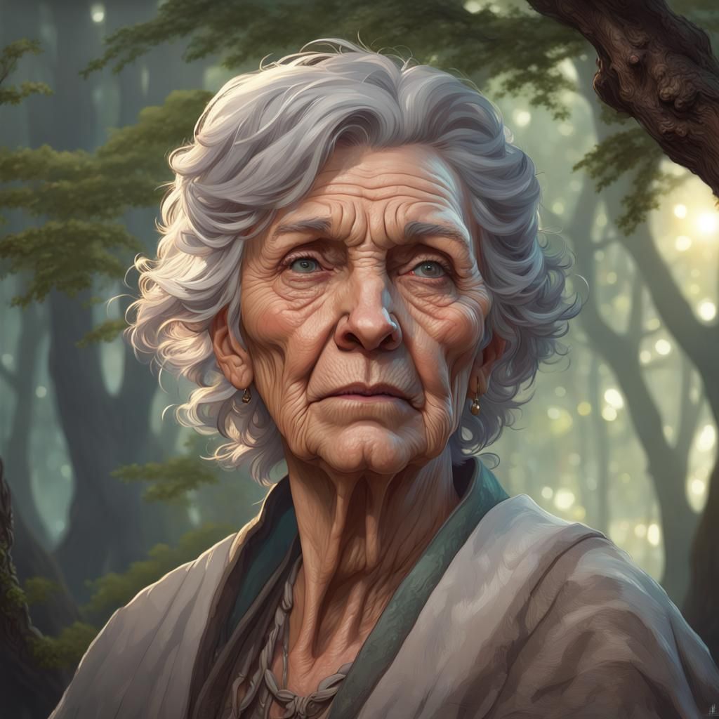 Elderly Woman Portrait in Hyperdetailed Fantasy Art
