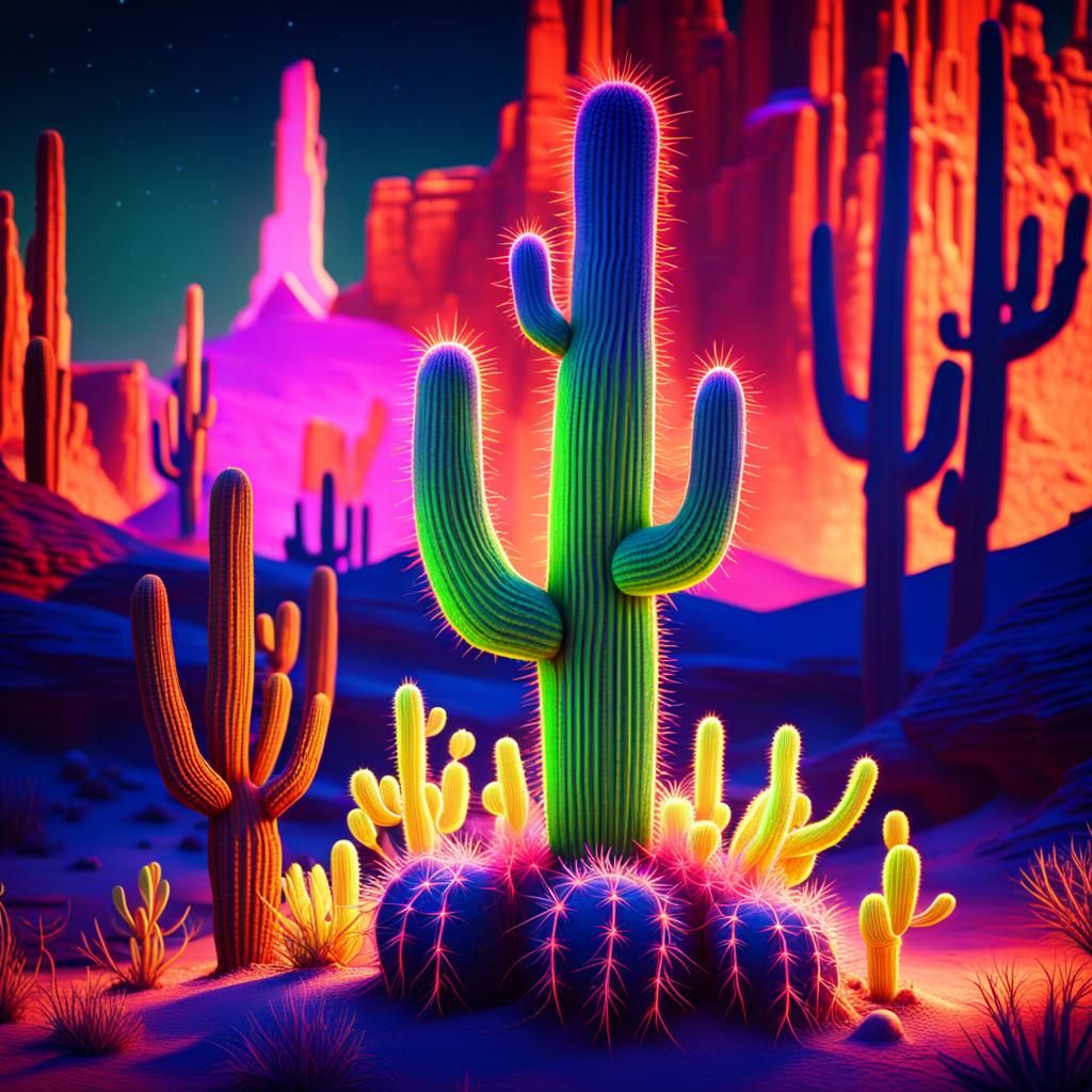 Neon Cactus in Desert at Night: 8k Photography