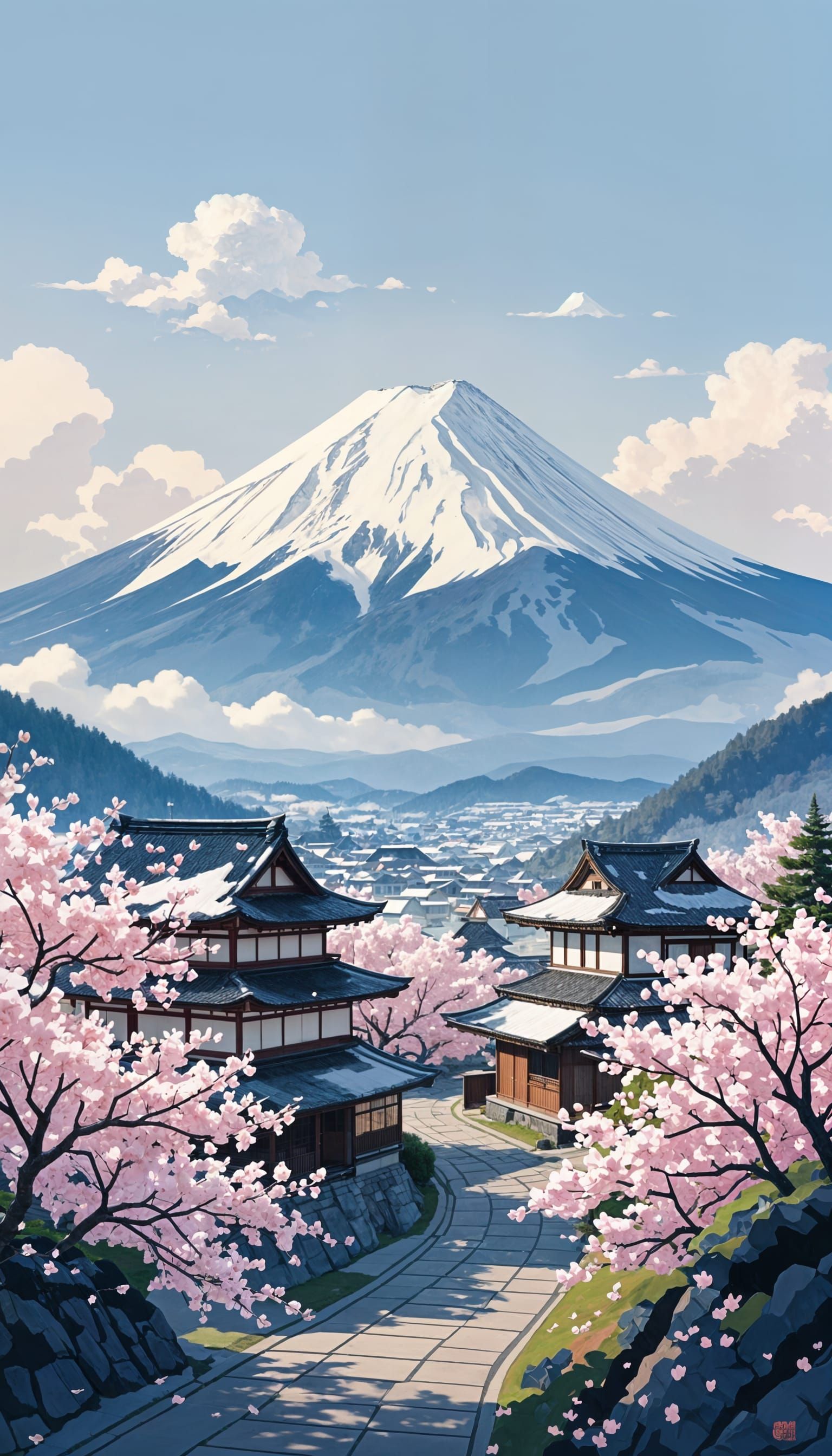 Mount Fuji and Cherry Blossoms in Japanese Style