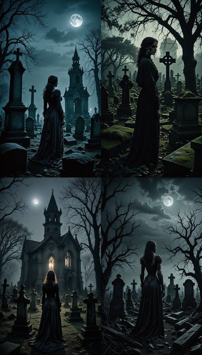 Mysterious Female Figure Lurks in Abandoned Graveyard Shadow...