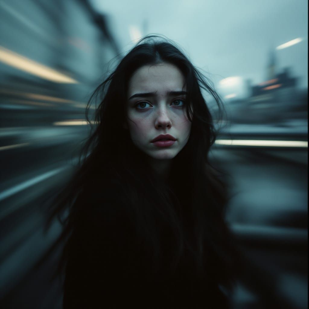 Melancholic Woman in Blurred London, Captured Cinematically