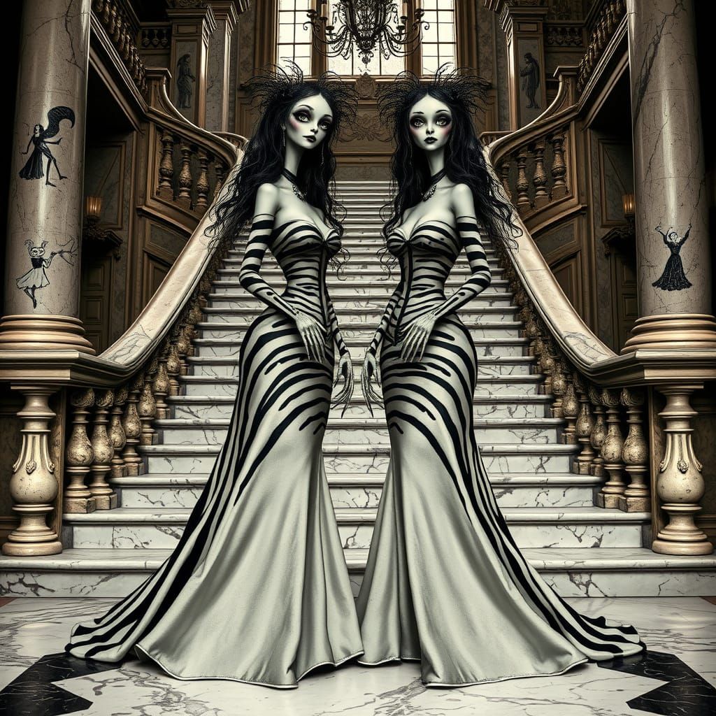 Gothic Twin Sisters Pose Eerily in Marble Mansion