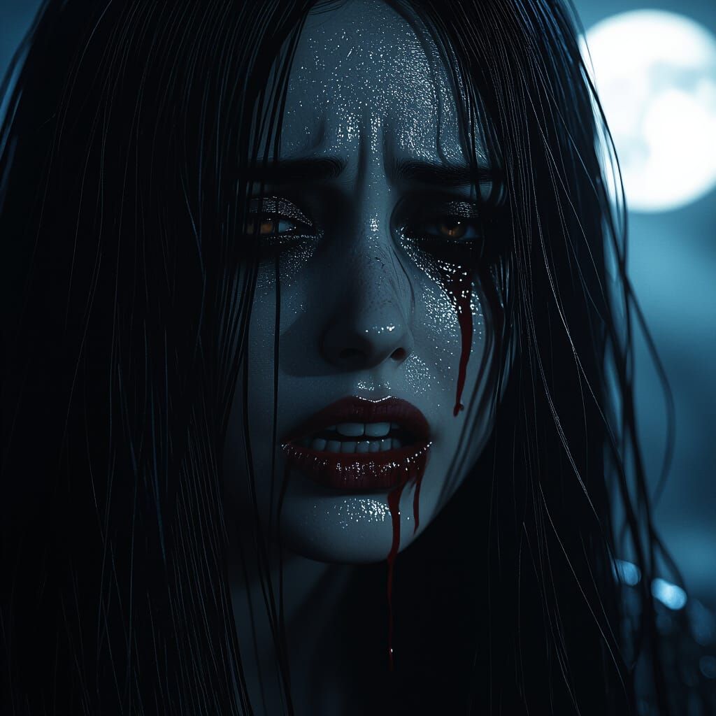 Photorealistic Woman's Bloody Tear in Moonlight