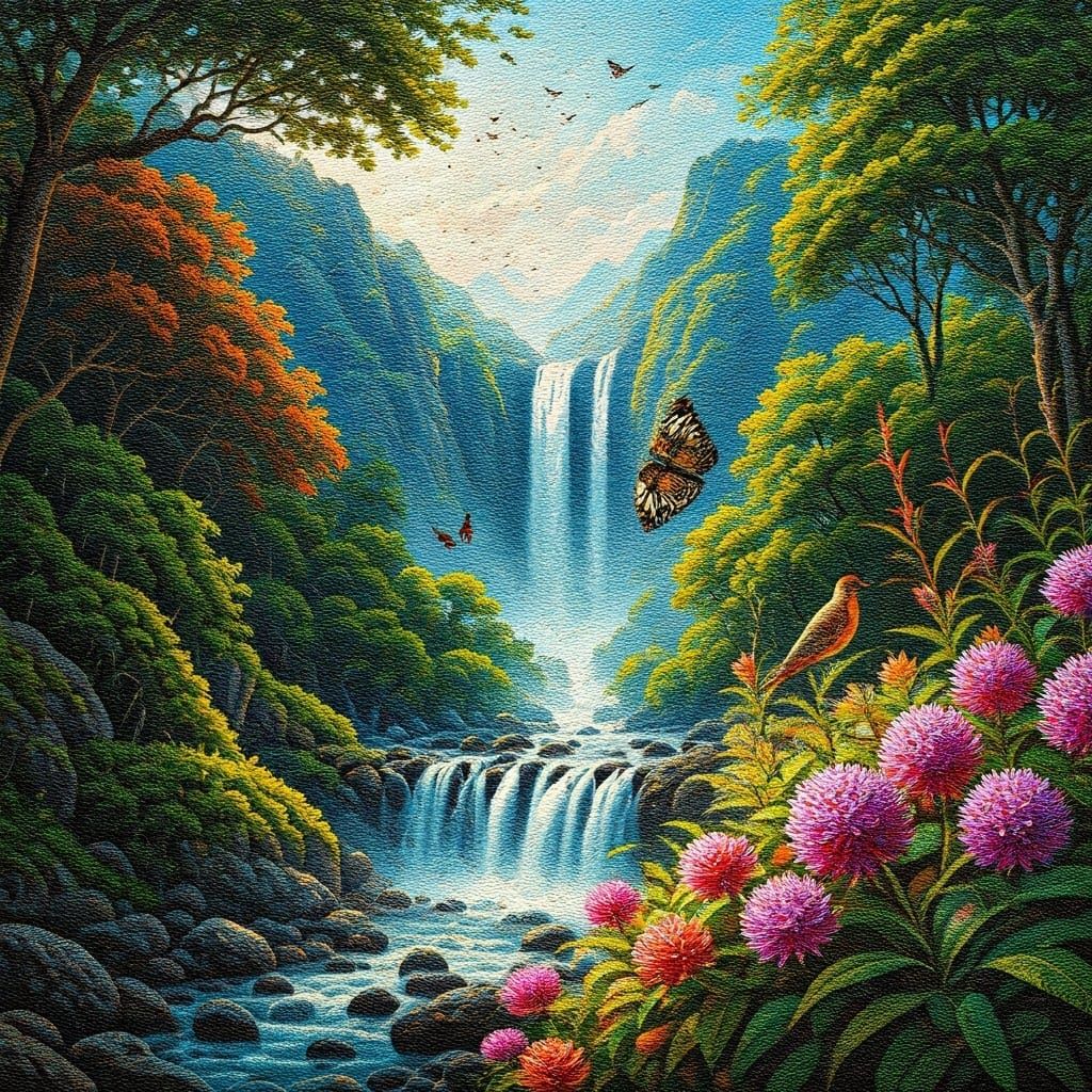 Pointillist Landscape with Birds and Butterflies