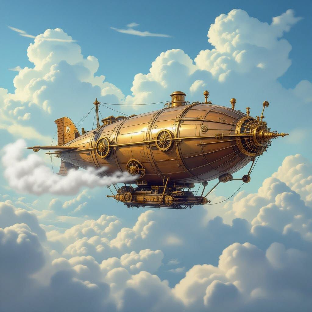 Steampunk Airship in a Cloudscape, Verne Illustration