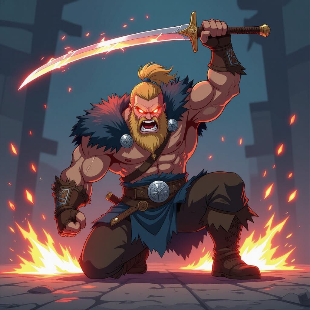 Anime Viking Warrior Unleashes Fiery Energy