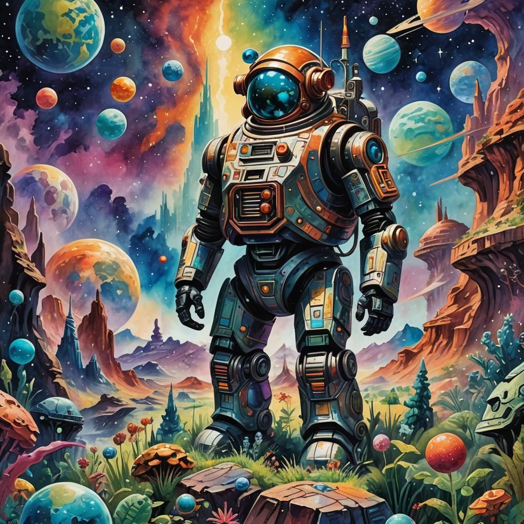 Forbidden Planet in Gouache Watercolor Style