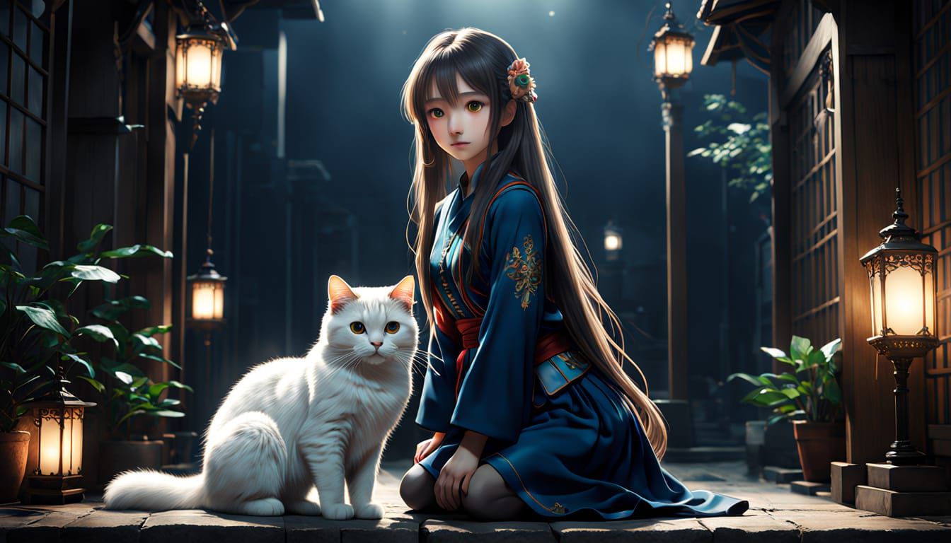 Beautiful Asian girl and her cat