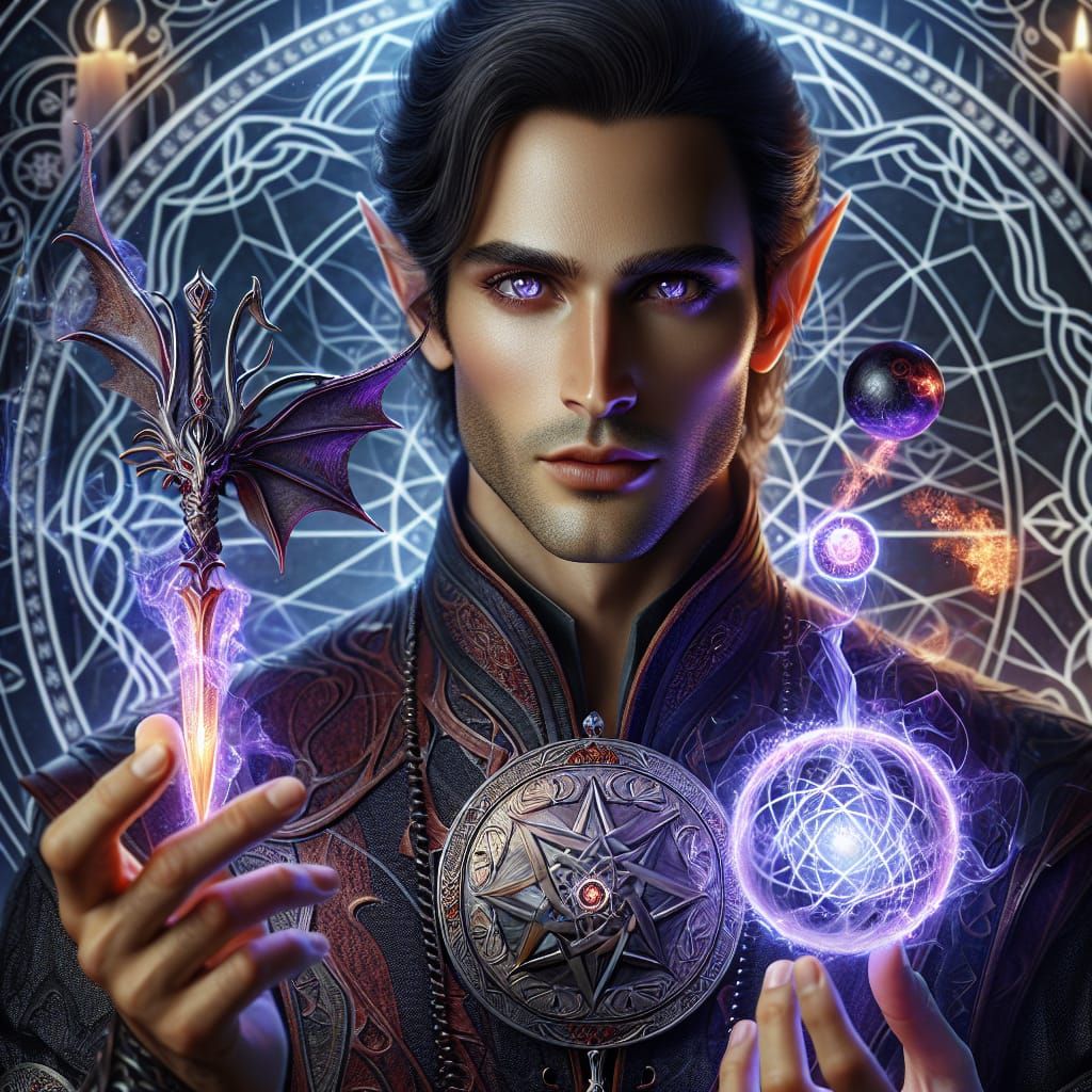 Hyper-realistic beautiful elven male warlock with the Hexbla...