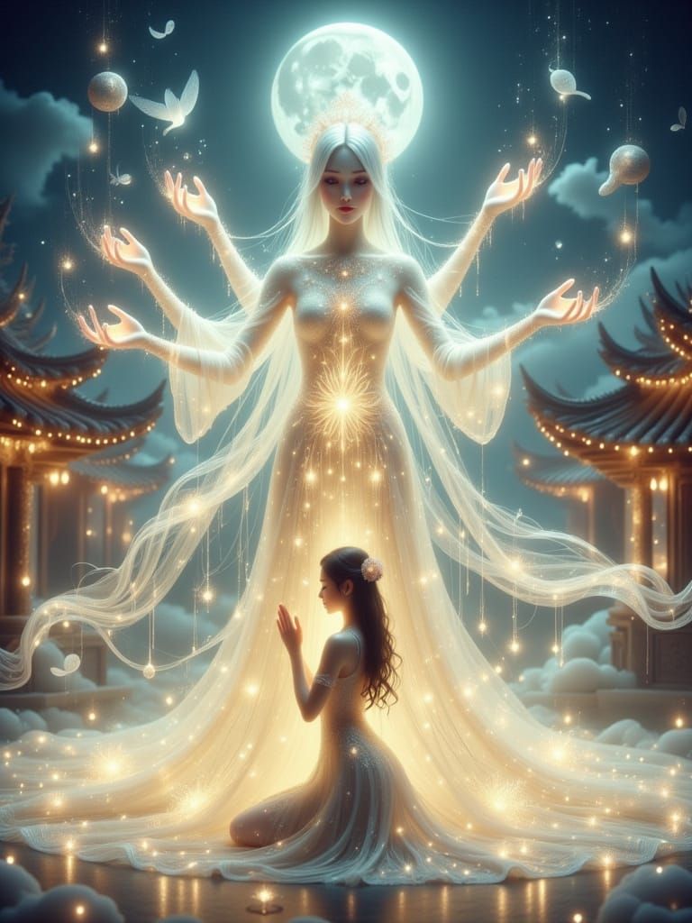 Ethereal Goddess Blesses Kneeling Woman in Asian Courtyard